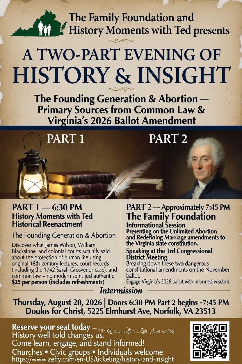Event flyer: A Two-Part Evening of History and Insight, Thursday, August 20, 2026 at Doulos for Christ, Norfolk, Virginia