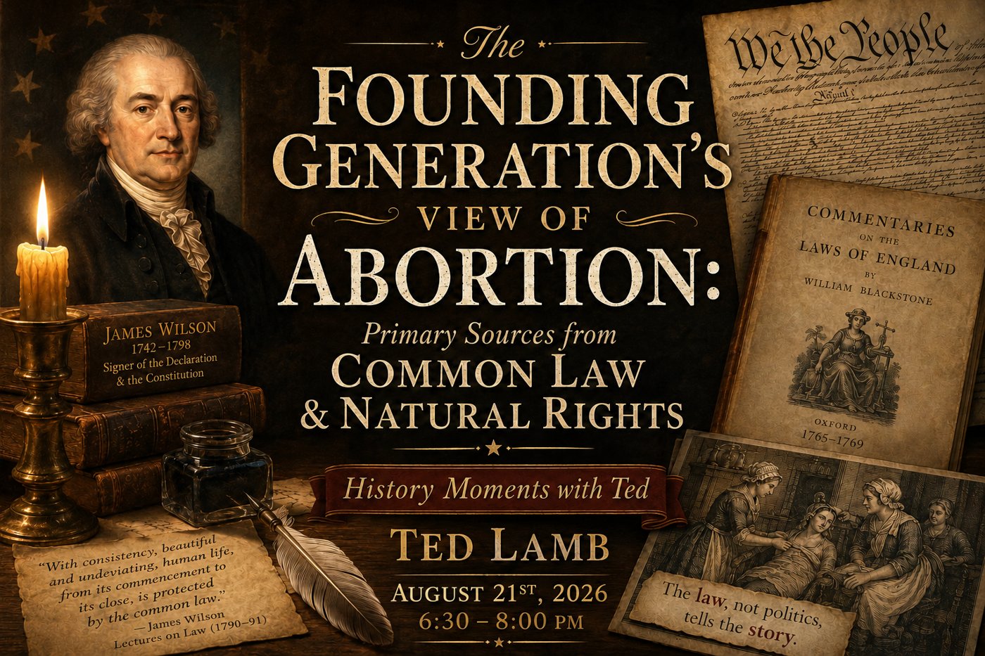 Event flyer: The Founding Generation's View of Abortion, Primary Sources from Common Law and Natural Rights, with Ted Lamb, August 21, 2026, 6:30 to 8:00 PM
