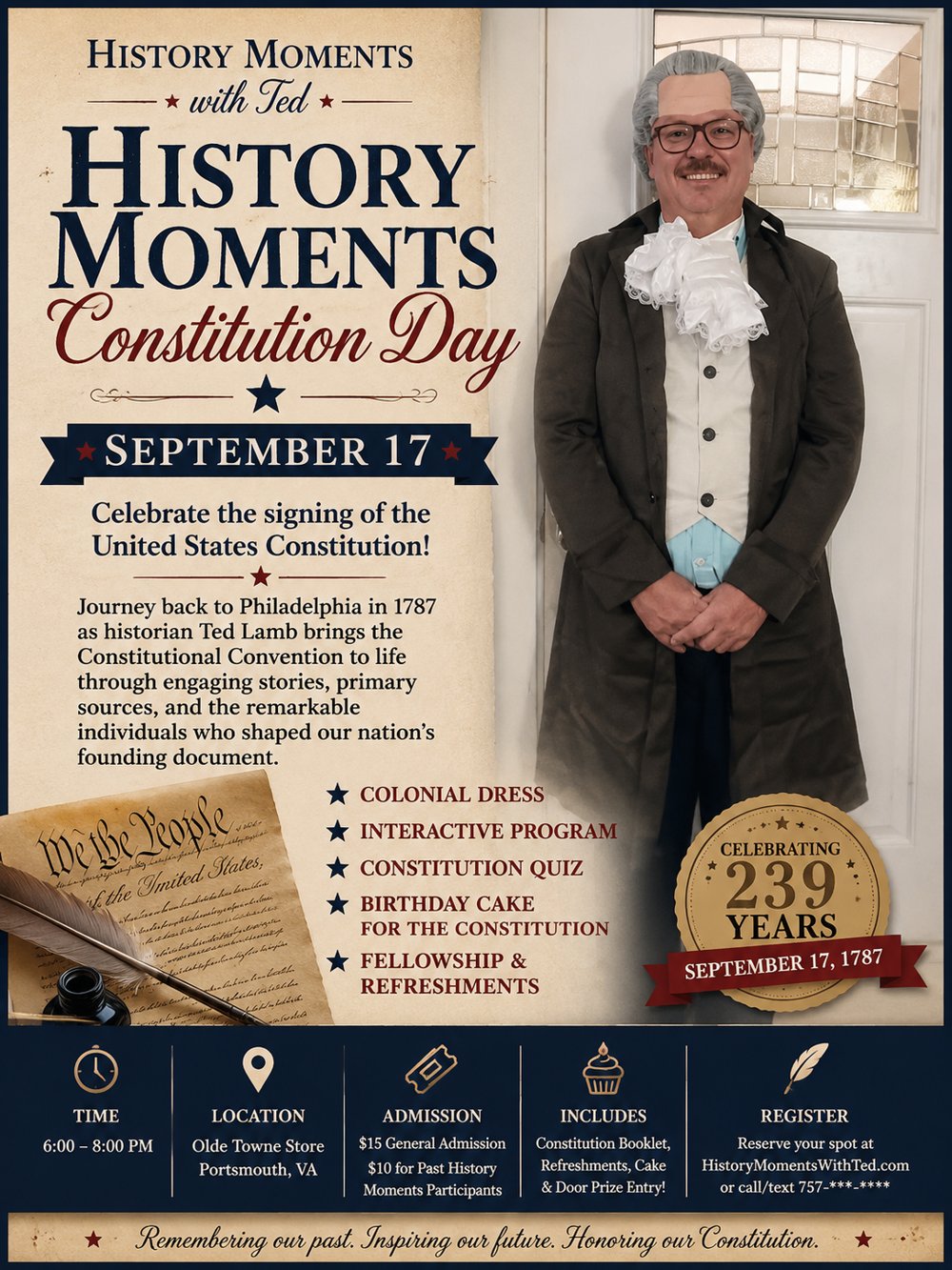 Event flyer: History Moments Constitution Day with Ted Lamb in colonial dress, September 17, 6:00 to 8:00 PM at Olde Towne Store, Portsmouth, Virginia, celebrating 239 years since the signing of the Constitution